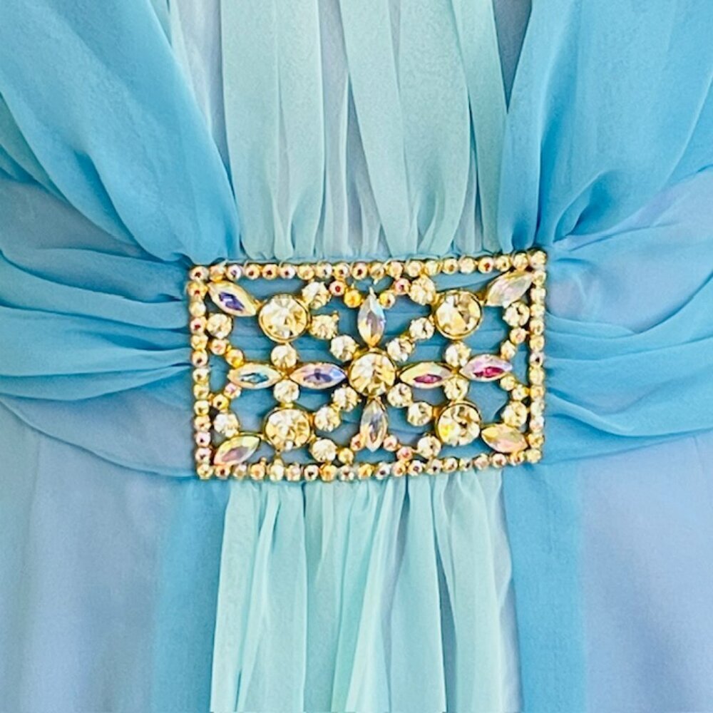 Vintage 70's Grecian Ethereal Chiffon Evening Gown Rhinestone Waist Ice Blue S - Picture 3 of 16